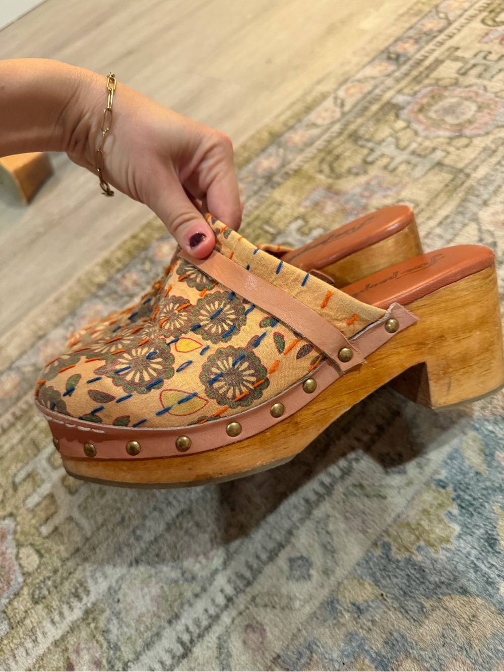 Free People Embroidered Floral Tan Leather-Trim Clog Heels